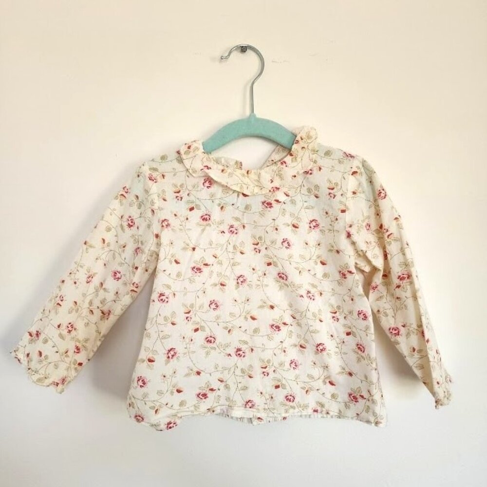 Bonpoint France Floral Roses Ruffle Collar Button Down Blouse 2T